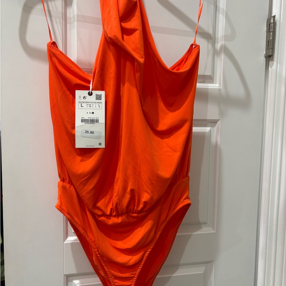 Zara Bright Orange Draped Halter Bodysuit